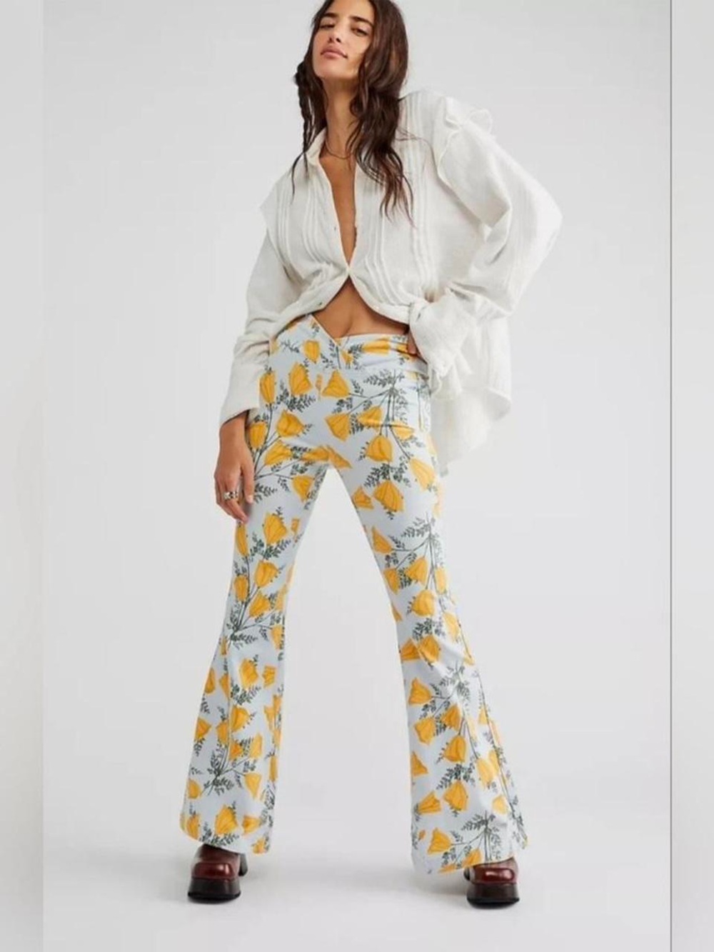 Free People High-Rise Floral Bell Bottoms in Yellow and White